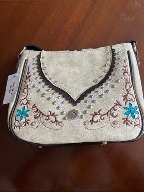 Decorative Cream Shoulder Bag with Turquoise Floral Accents